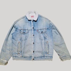 Vintage Levis Sherpa Trucker Jacket Mens Medium Blue Denim Distressed 80s 90s US